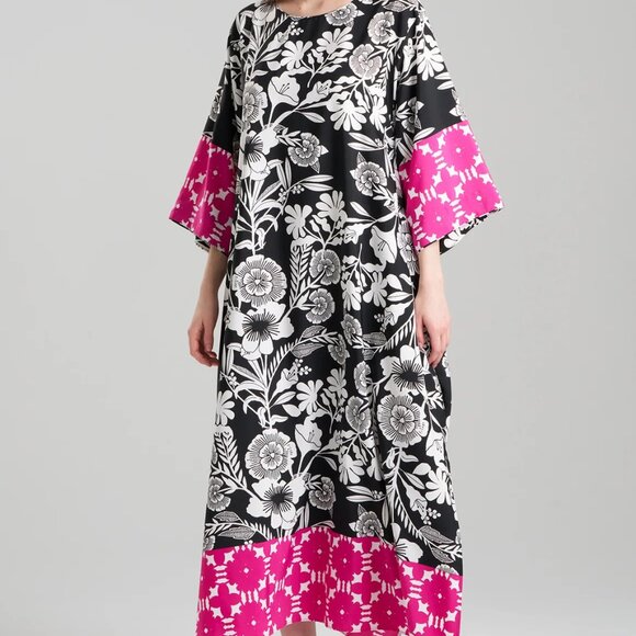 Natori Botanica Floral Caftan Fuchsia Black Luxury Pockets $195 Women's Sz S B17 - Picture 4 of 13